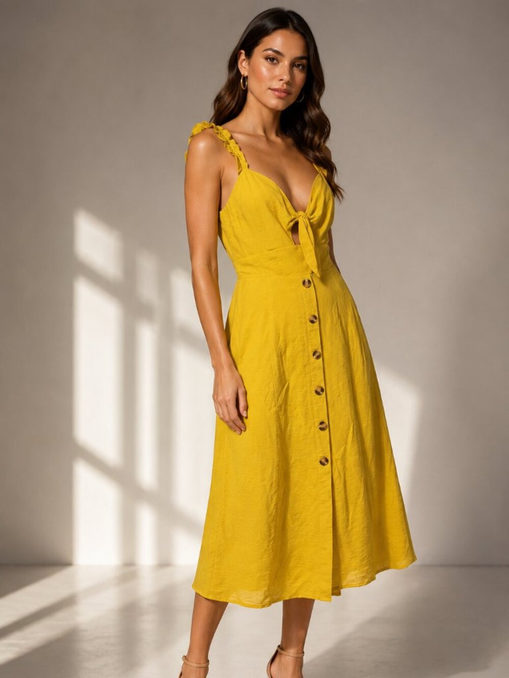 Impressions Mustard Yellow Tie Front Midi Dress Size S NWT Ruffle Strap